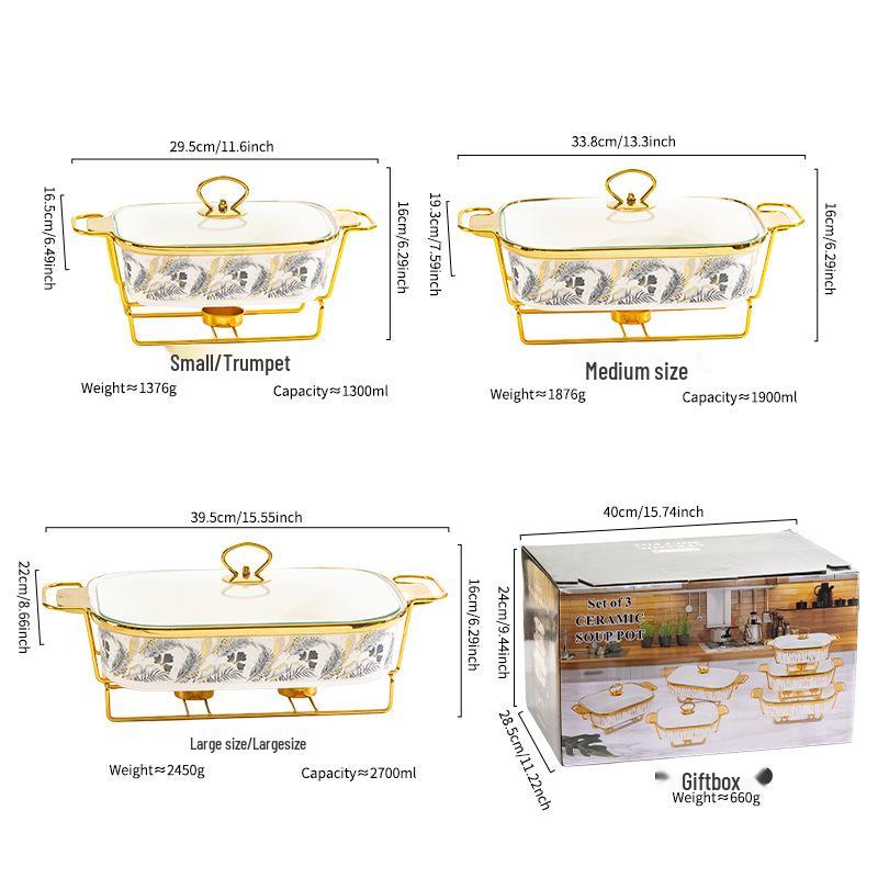 Luxury Ceramic Tableware Set: Rectangular Baking Pan, Casserole Stand, Candle-Heated Soup & Dry Pot