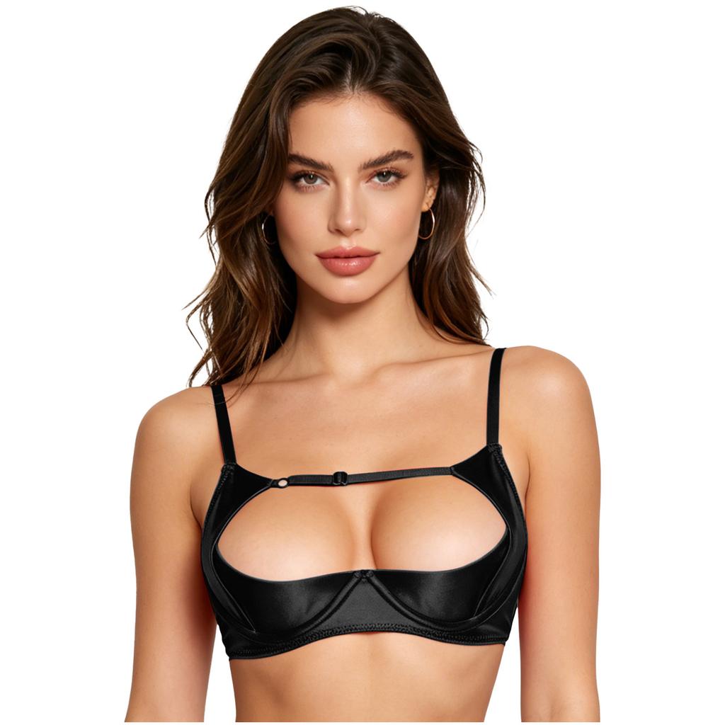 1/4 Cup Push-up Underwire Shelf Bra Satin Hollow Out Adjustable Straps Balconette Bralette for Women Lingerie Sleepwear