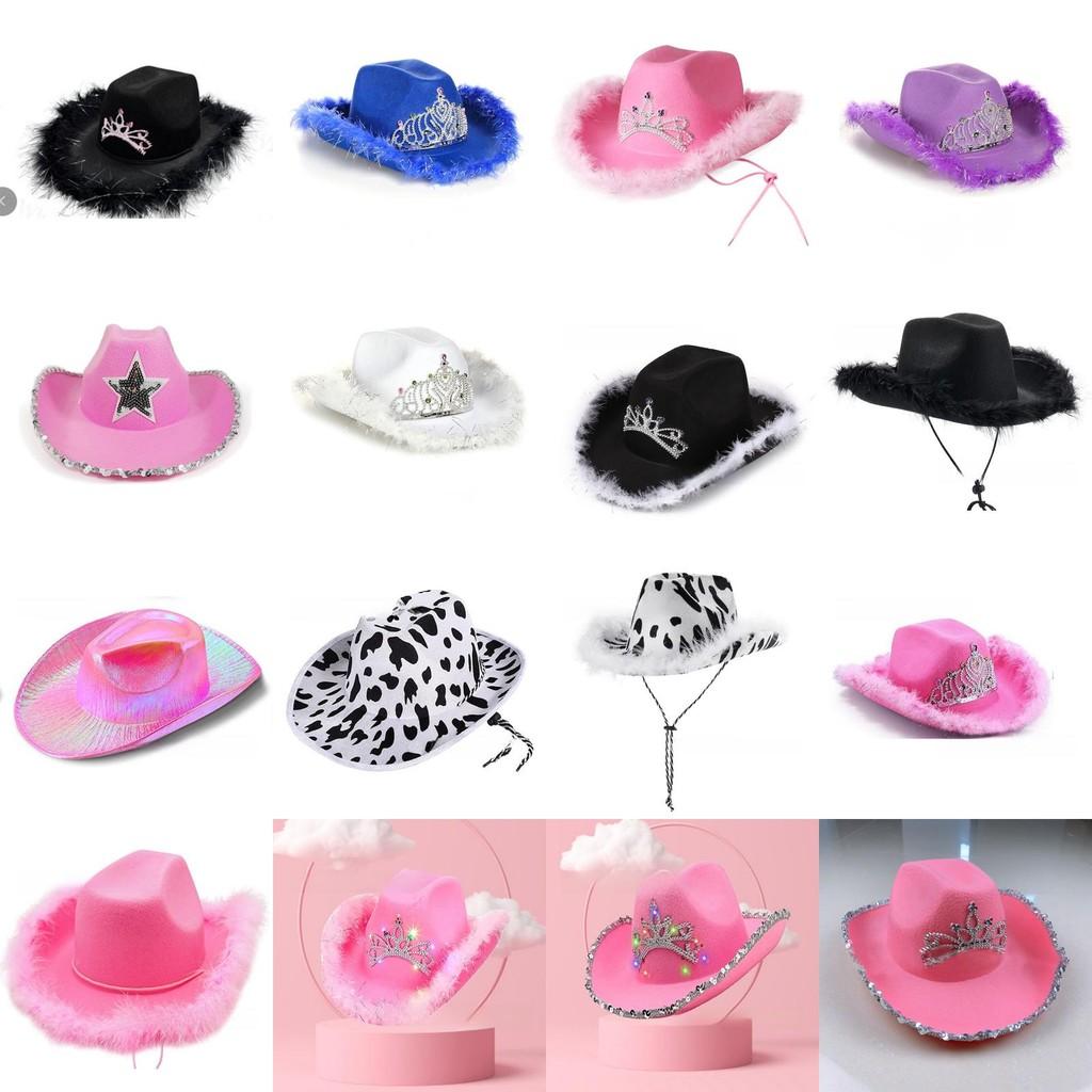 Rosa Stoff-Cowboyhut mit Sternverzierungen und leuchtender Krone für Partykleidung und Geschenke