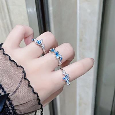 Blue Enamel Oil Drop Butterfly Open Ring Full Of Diamonds Zircon Light Luxury High Sense Super Fairy Flash White Ring Woman