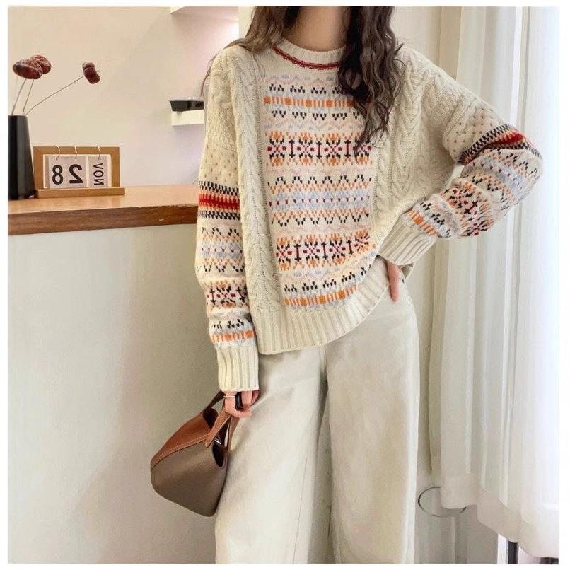 Vintage Crew Neck Knitted Pullover Sweater Women's Autumn and Winter New Loose Casual Fair Island Knitted Sweater Women's