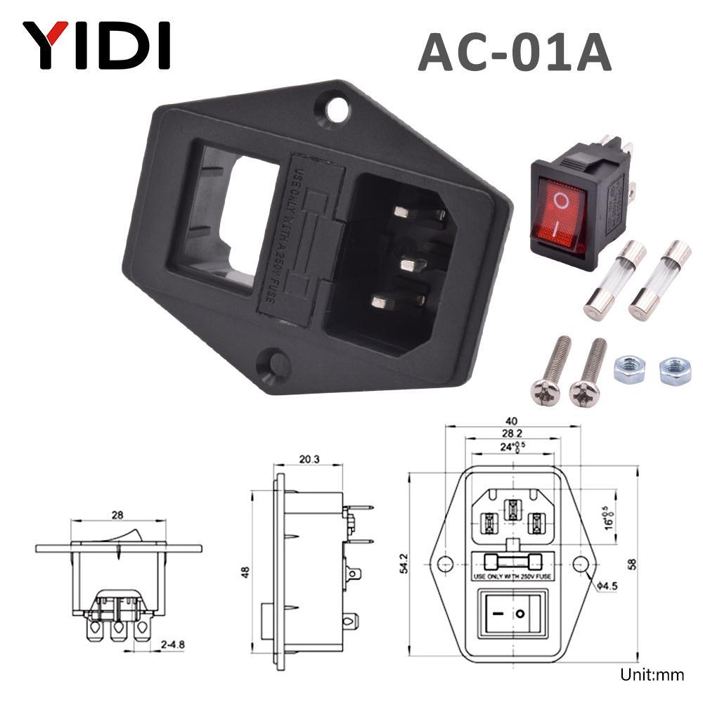 IEC 320 C13 C14 Inlet Power Plug Socket Rewirable 3 Pin Electrical Male Female Connector with Red Lamp Rocker Switch 10A Fuse