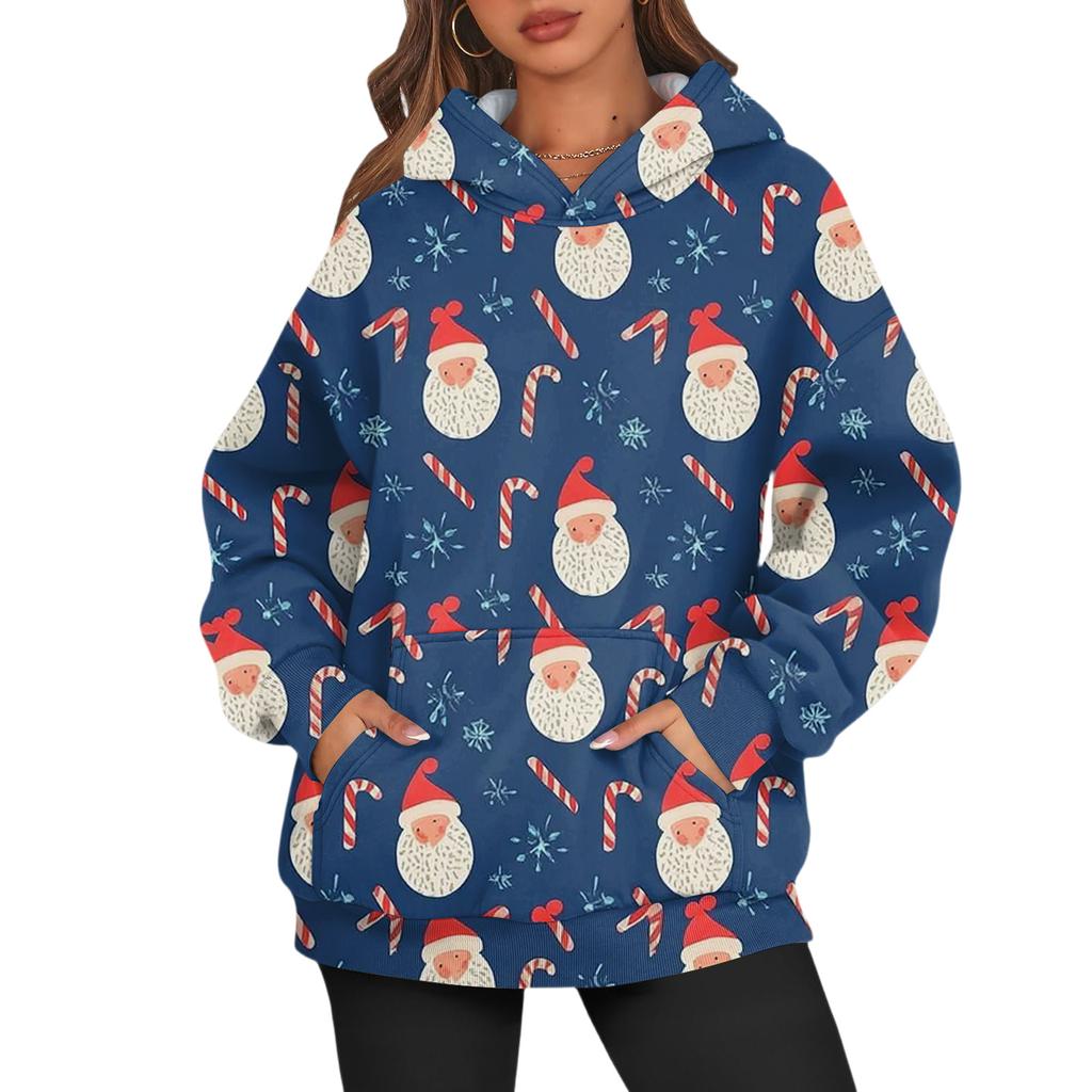 Women's Fashion Long Sleeve Hooded Christmas Printed Top Sweatshirt