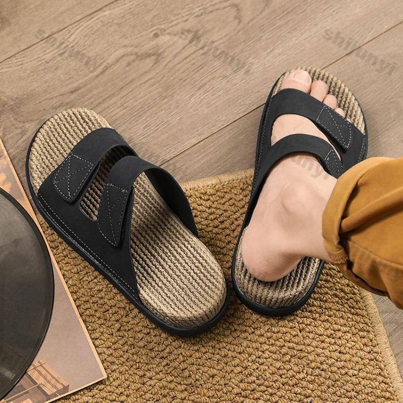 Men's One Word Slippers 2026 Non Slip Summer Vintage Fashion Sewing Sandals Comfortable Slip on Outdoor Breathable Casual Flats