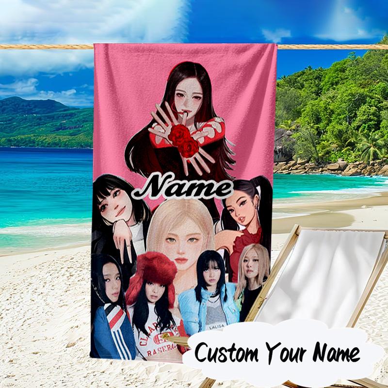 Custom Name Kpop Group Portrait Microfiber Beach Towel Super Soft & Absorbent for Bath, Beach, Travel Bath Time Accessory, Fan gifts