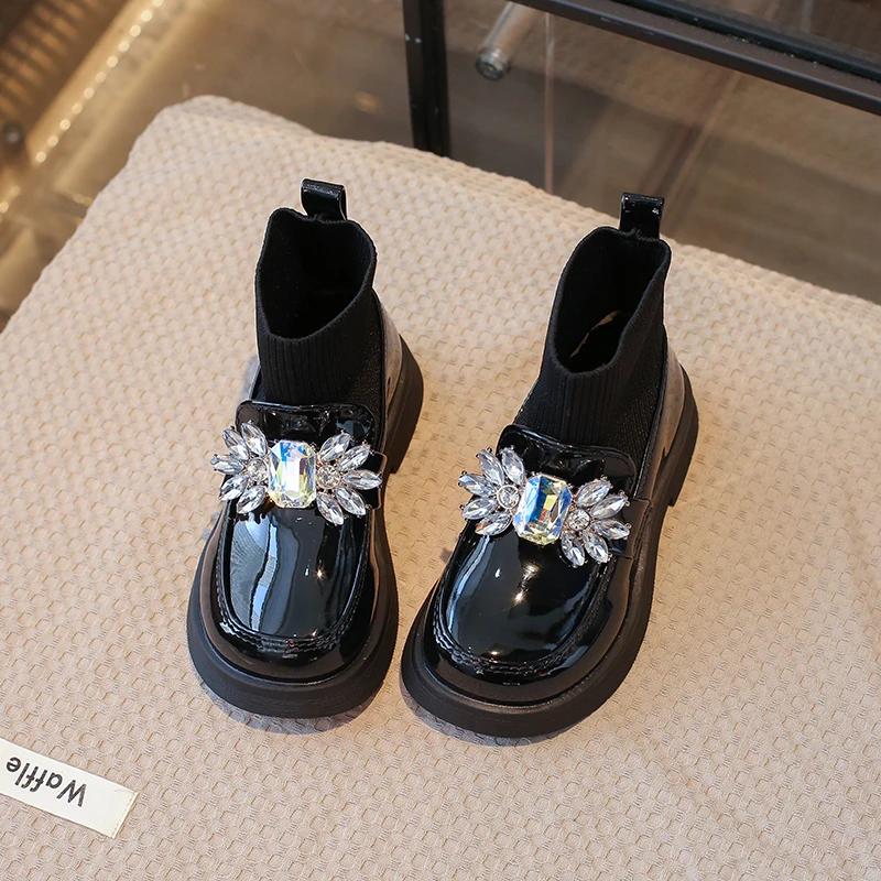 Rhinestone Girls Shoes Children's Leather Boots Autumn Winter Baby Fashion Anti-Slippery Rubber Sole Footwear Zapatos De Niña