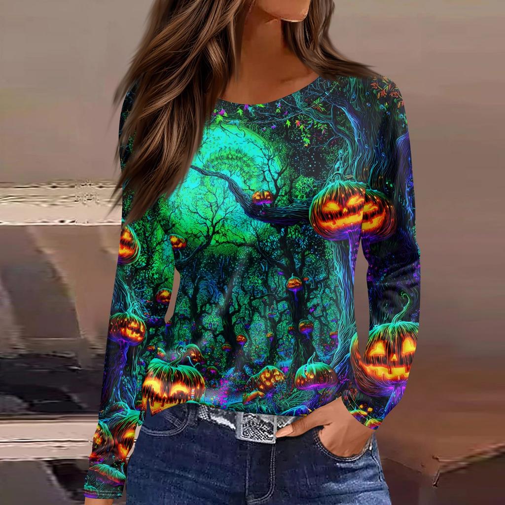 Damenmode Saumschlitz Lässig Halloween-Print Rundhals Langarm Oberteil