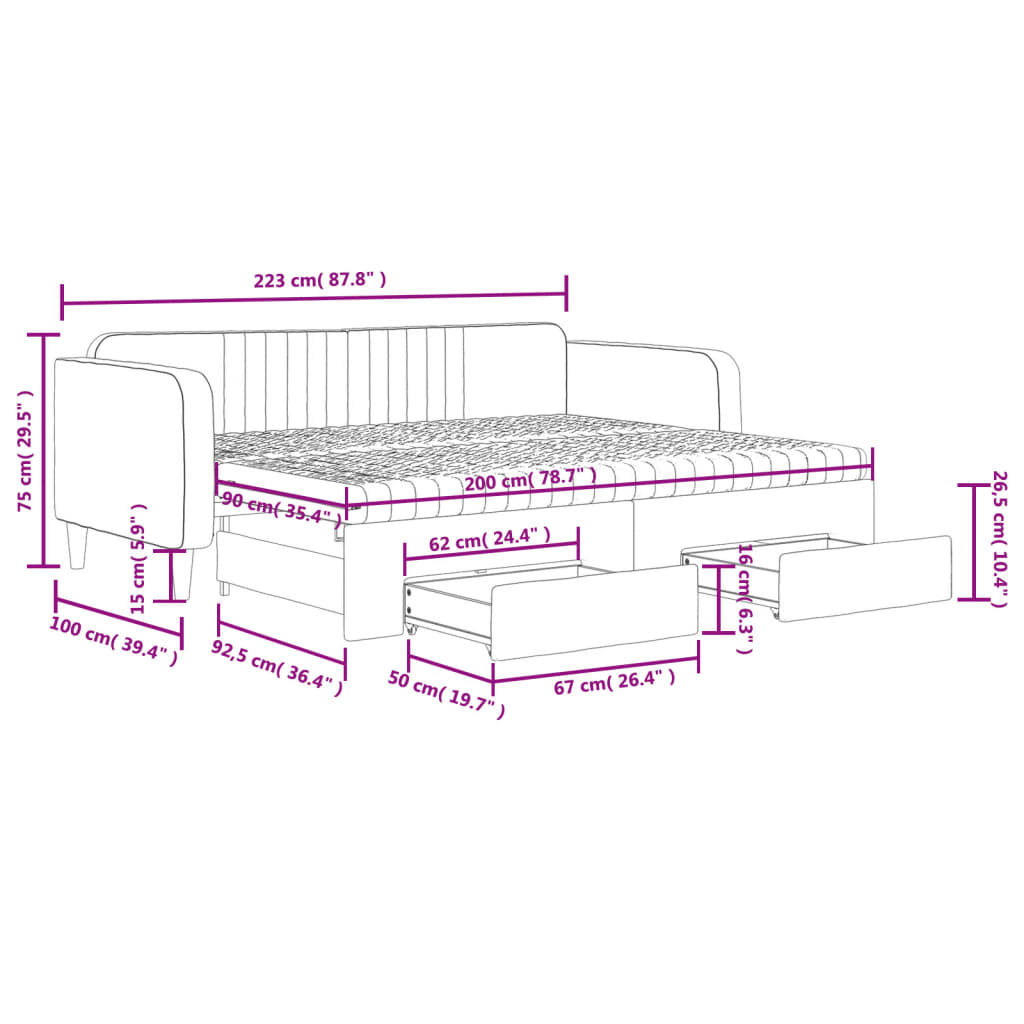 Pull Out Daybed with Drawers Light Grey 90x200 cm Velvet