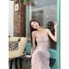 Kumikumi Gyaru Style Pattern Pleat Sling Dress Women Summer Niche Chic Waist Hugging A- line Skirt Long dress