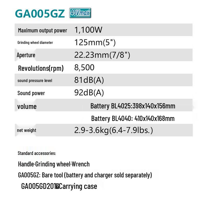 Makita GA005GZ 40V Cordless Angle Grinder CN plug (adapter included)