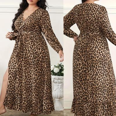 Spring Fashion Trend Leopard Print Slit Long-sleeved Dress Women's Clothing