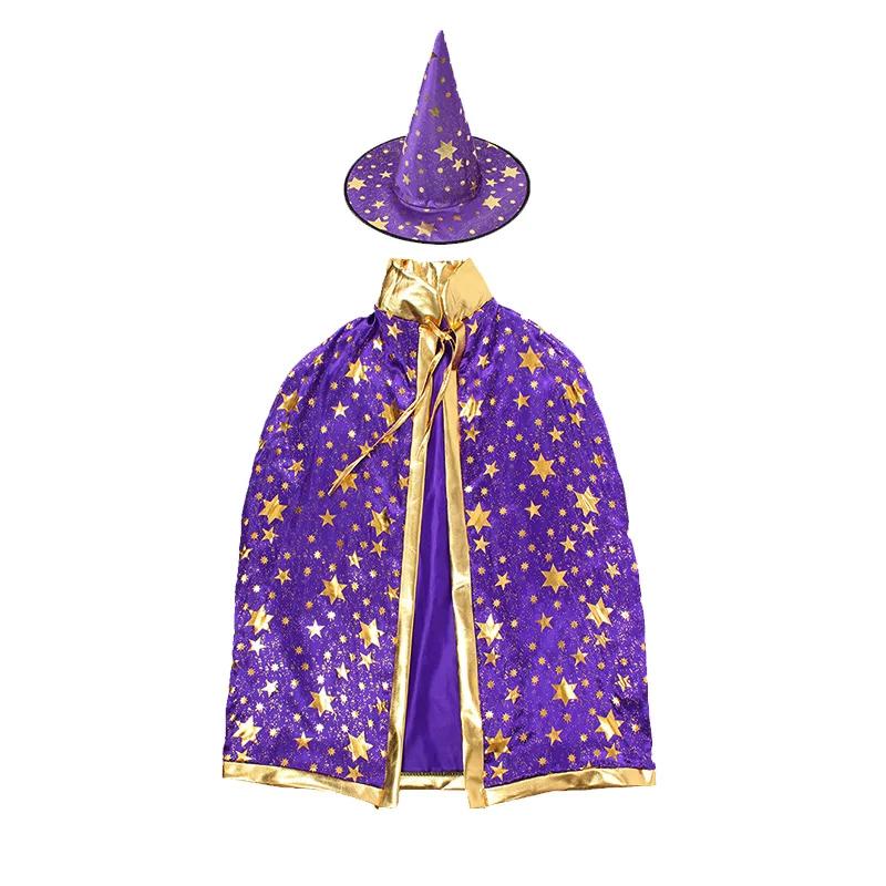 

Хэллоуин плащ мальчиков и девочек, ведьма плащ макияж бал пять звезд плащ шляпа набор косплей крутой милый костюм Хэллоуин выступление фиолетовый