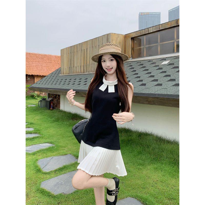 Kumikumi French style High Sense Bow Sleeveless One piece Dress Women clothing Summer Temperament Slim fit Slimming A- line Skirt