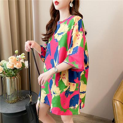 2025 Summer Vintage Tie Dye Color Matching T Shirt Fashion Women Large Size Long T-shirts Women's Y2k Tops Harajuku Streetwear