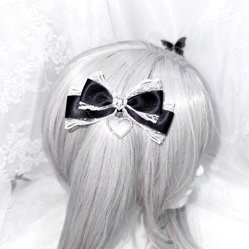 1/2Pc Heart Pendant Lace Bow Hair Clips Y2k Style Ponytail Hairpins Kawaii Gothic Hair Clips Anime
