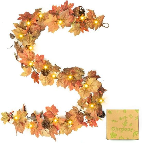 

6 Ft Artificial Fall Garland with Lights - Autumn Maple Leaf f Thanksgiving Decor Hanging Vine Autumn Foliage Garland Used for Home Wedding Party Classic Autumn Colors