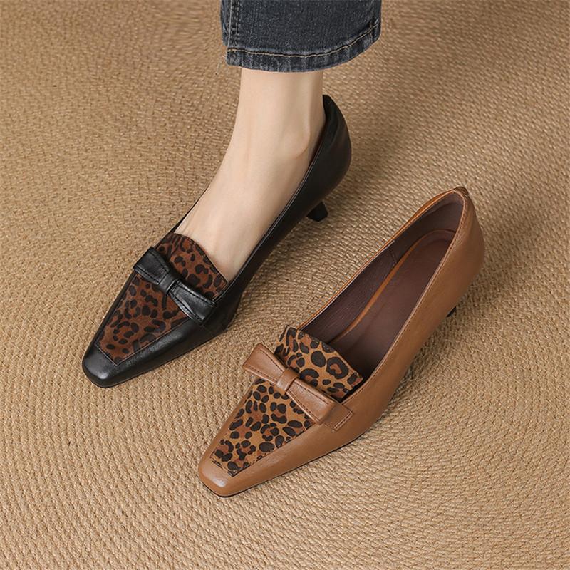 Fashion New Spring/autumn Genuine Leather Women Shoes Square Toe Shoes for Women Fashion Mixed Color Mid Heels Leopard Print Women Pumps