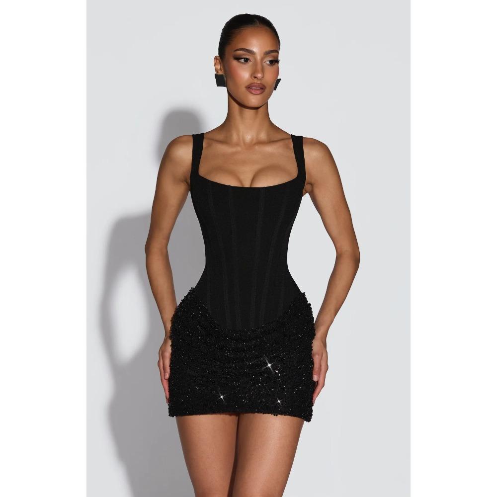 

European and American spring and summer, lace-up sequined suspender dress hip skirt INS slim-fit party dress XL чорний