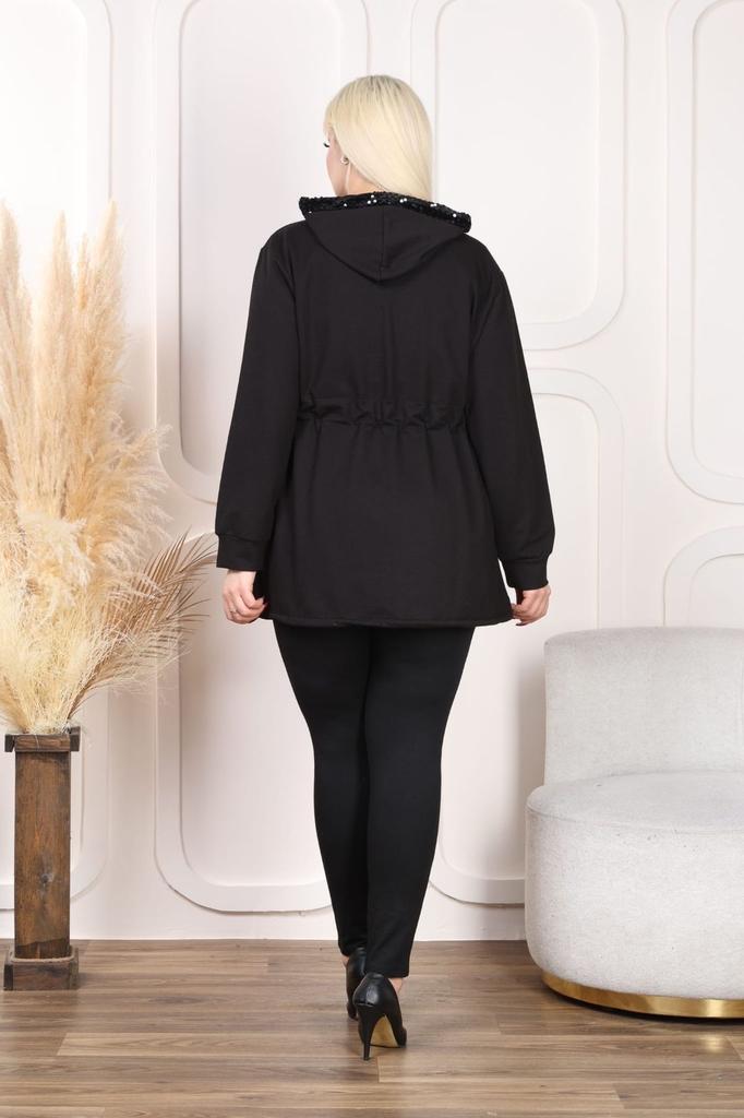 Damen-Sweatshirt in großen Größen, zweifädig, mit Kapuze, Reißverschluss und Pailletten