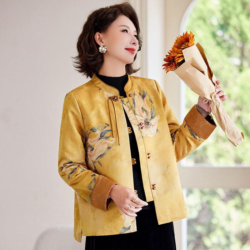 Pasite Autumn Chinese Style Floral Print Stand Collar Coat