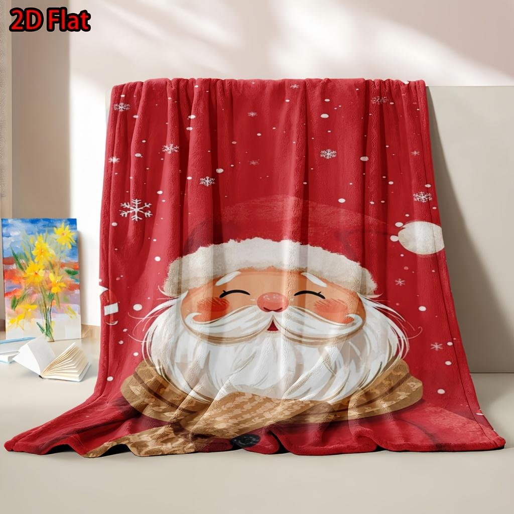 Cute Santa Claus Red Christmas Flannel Throw Blanket, Cartoon Santa Snowflake Print Soft Warm Blanket for Sofa Bedroom Holiday Xmas Gift