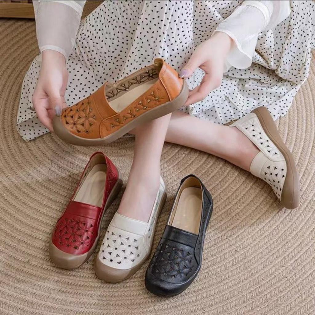 Women's Shoes 2025 Summer New Soft-soled Leather Lazy Shoes One-pedal Flat-soled Hollow Single Shoes Mother Maternity Women's Shoes