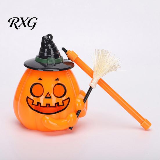 Light Up Pumpkin Decor Glowing Halloween Lantern, Jack O Lantern with Witch Hat Broom, Candy Collecting Decor, Trick or Treat Prop for Kids