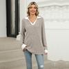 Women's V Neck Collar Long Sleeve Tunic Top Loose Fit Urban Style Color Block Ribbed Knit Casual Tee Shirt
