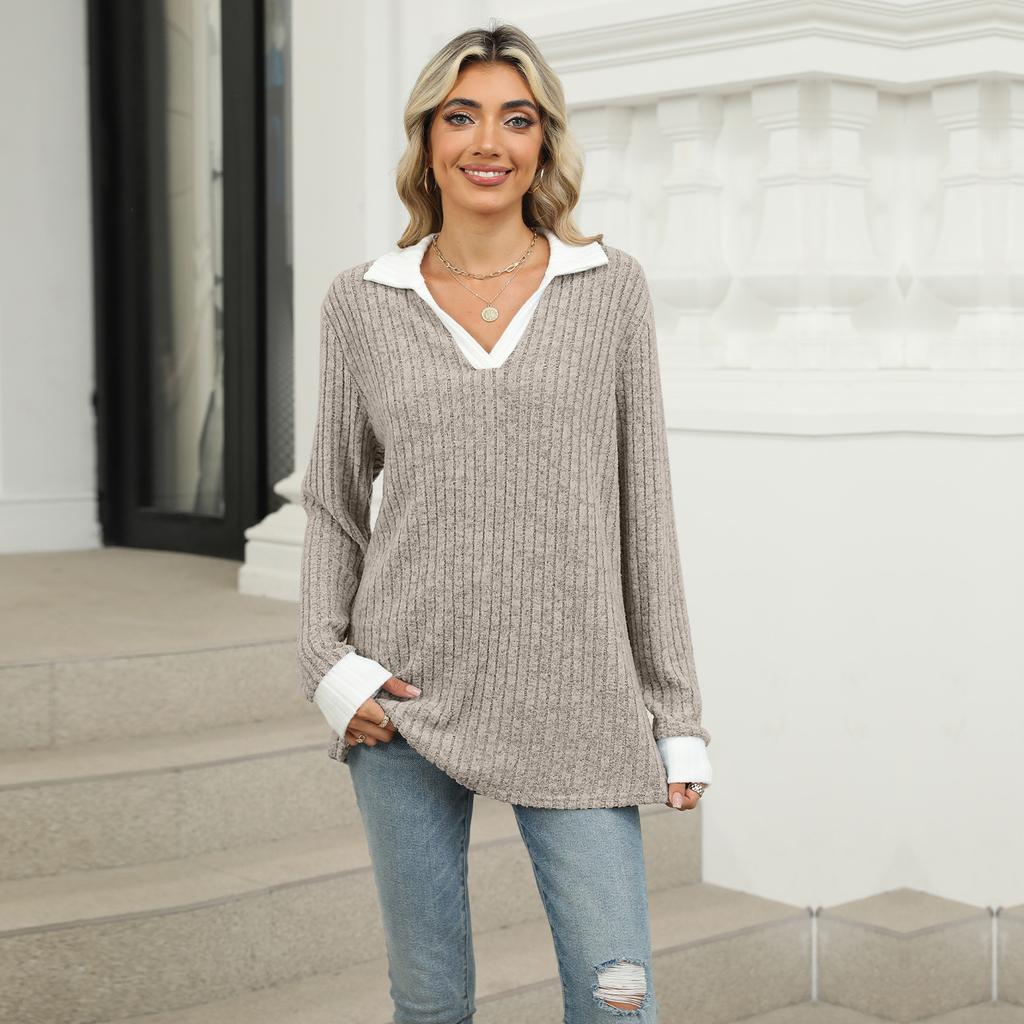 Women's V Neck Collar Long Sleeve Tunic Top Loose Fit Urban Style Color Block Ribbed Knit Casual Tee Shirt
