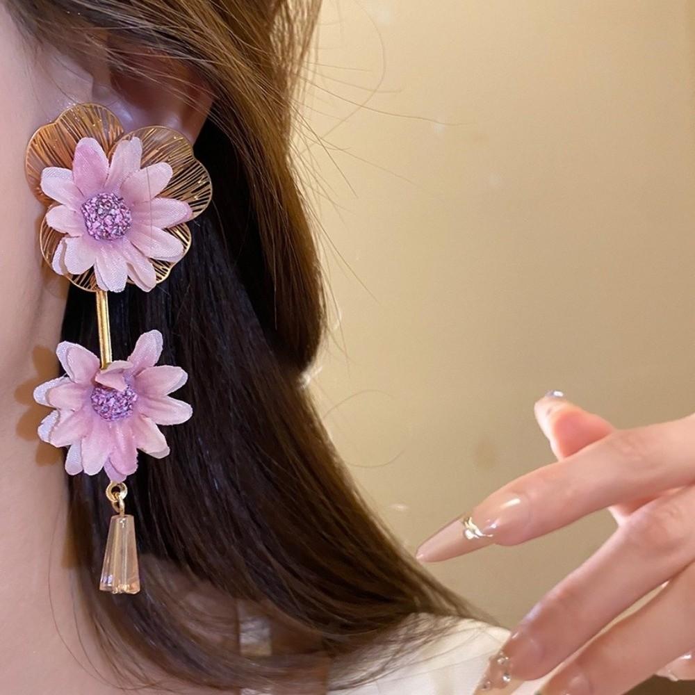 Sweet Fabric Flower Earrings Colorful Crystal Drop Earrings Floral Pendant Earrings Gift