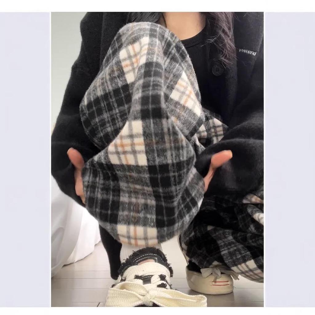Women's Woolen Plaid Wide-Leg High Waist Pants - Plus Velvet Thick Warm Casual Sweatpants for Autumn/Winter.