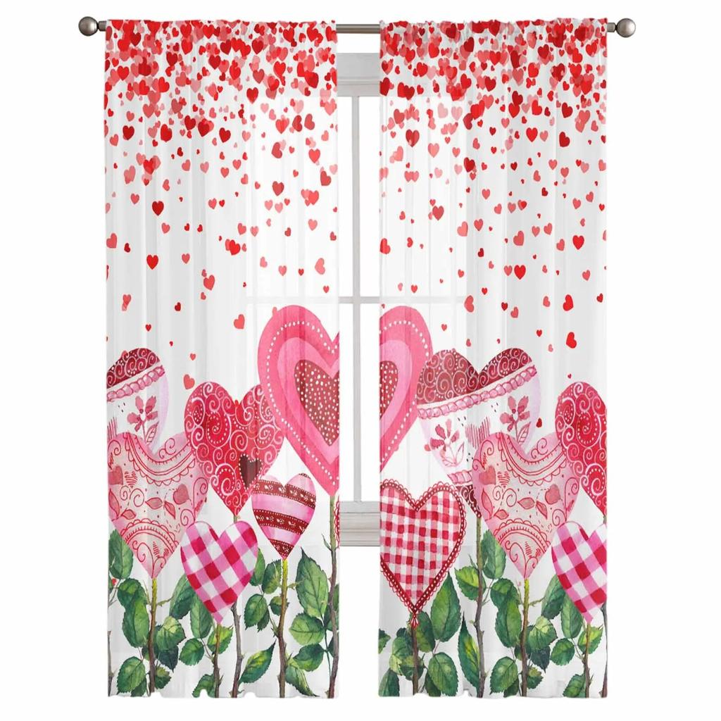 Valentine'S Day Love Pendant Love Flower Tulle Voile Curtains for Bedroom Living Room Window Curtain Sheer Organza Drapes