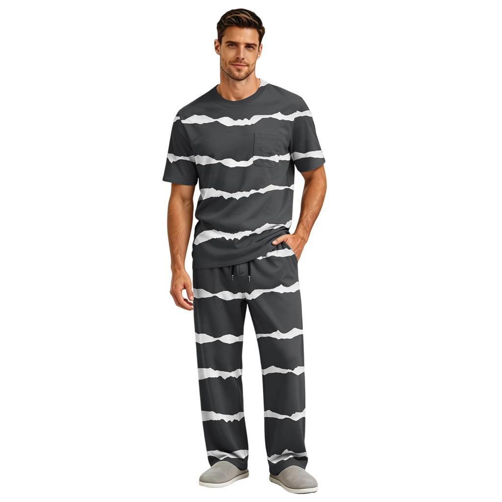 Men's Short Sleeve Pajama Set with Long Pants, Button Crotch, Elastic Waist Drawstring - Comfortable Sleepwear
