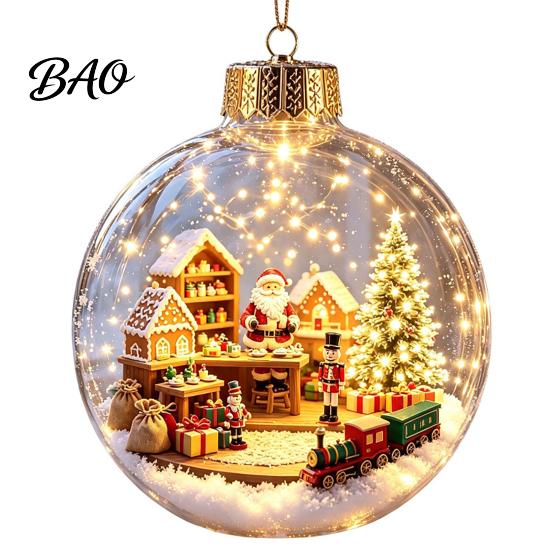 LED Christmas Indoor Decor Lighted Ornaments, 3D Miniature Scene Hanging Balls with Warm Light, Cute Party Supplies Reindeer Penguin Bear Clear