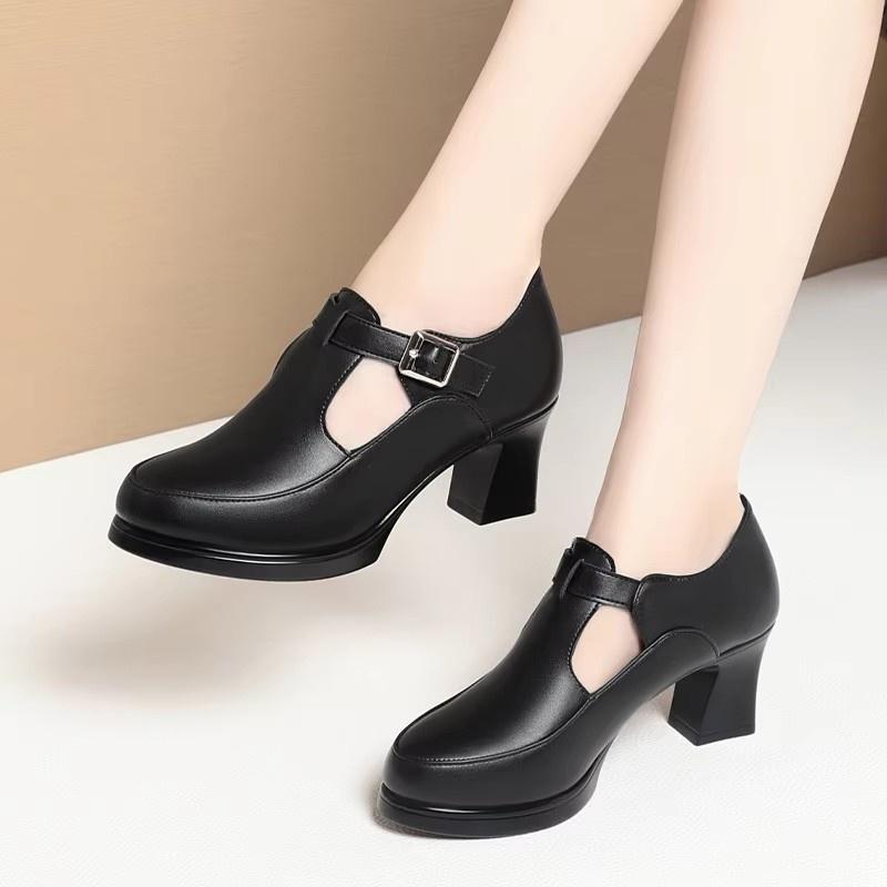 6cm Breathable Comfortable T Strap Soft Leather Shoes Women Pumps 2025 Spring Med Block Heels Shoes for Office Work Dance Mom