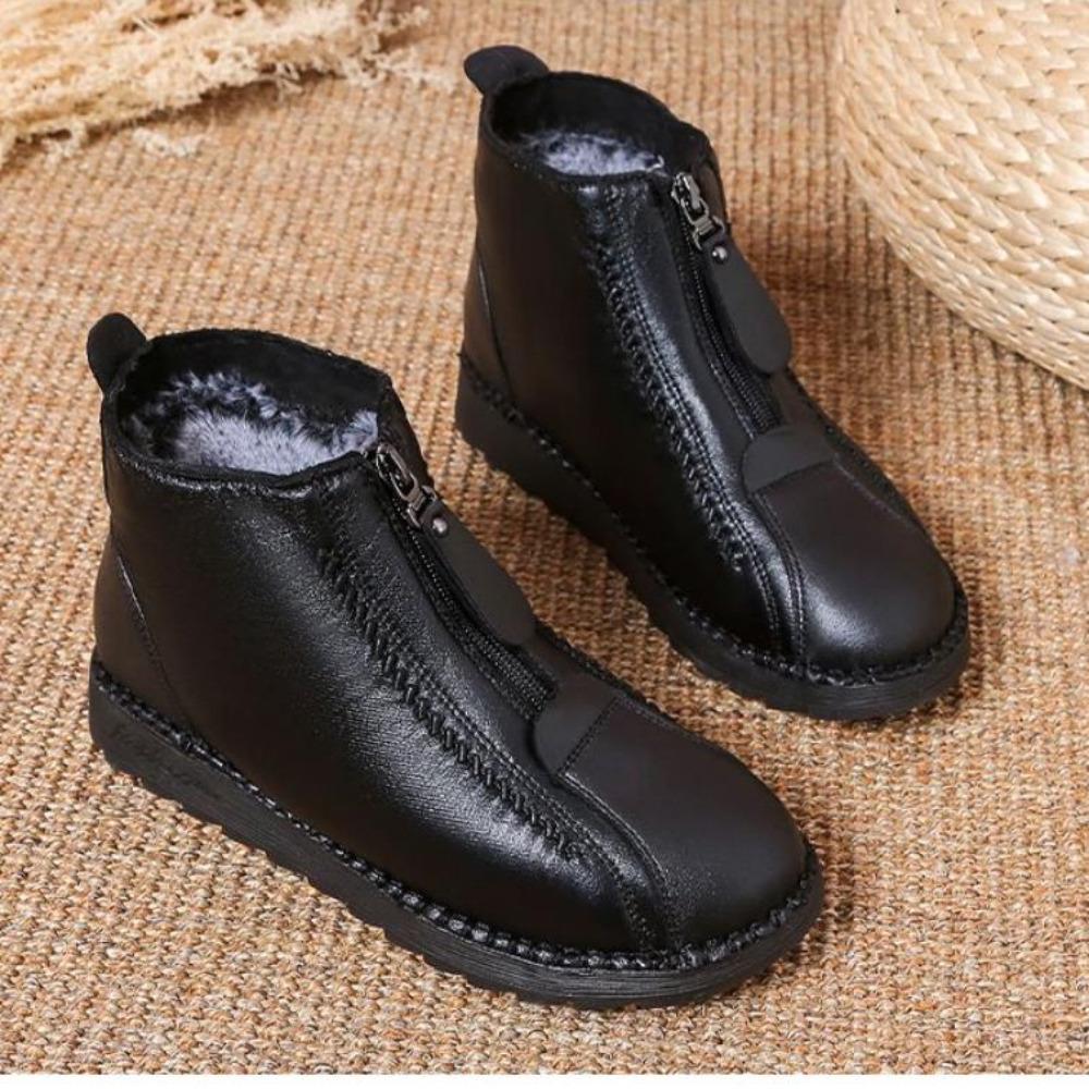 Winter Women Ankle Boots Fashion Warm Mother's Boots Flat-Bottom Comfortable Non Slip Front Zipper Closure Female Footwear