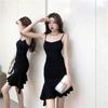 (with zipper) Black dress Spice girl suspender dress women's summer waist irregular fishtail skirt women