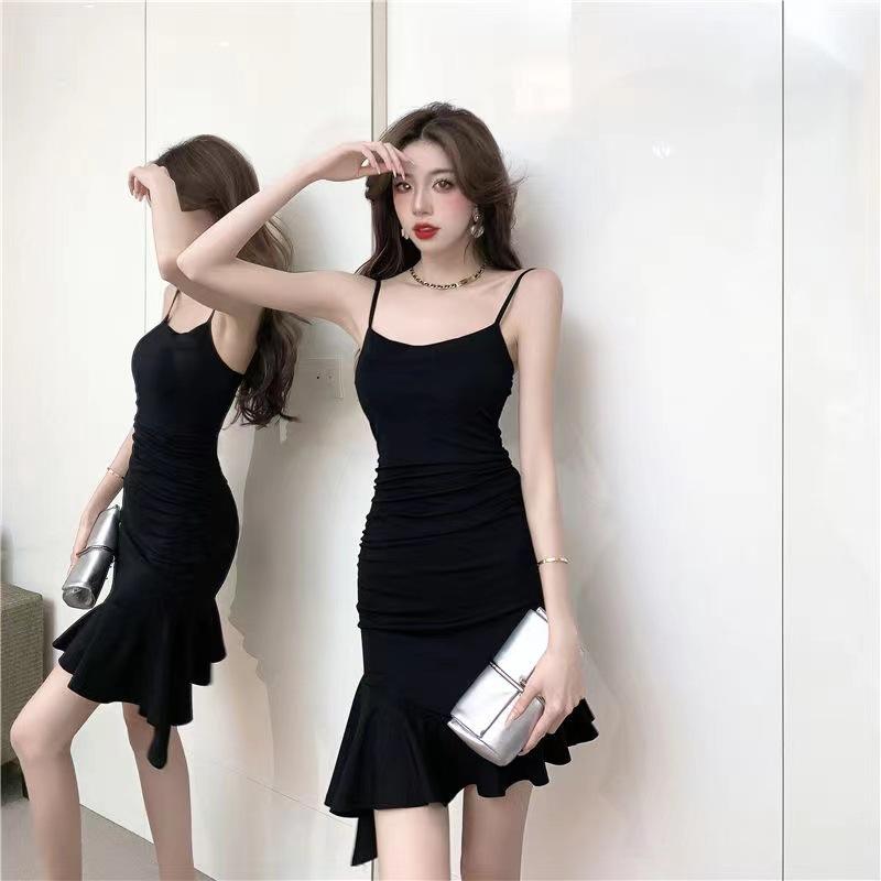 (with zipper) Black dress Spice girl suspender dress women's summer waist irregular fishtail skirt women