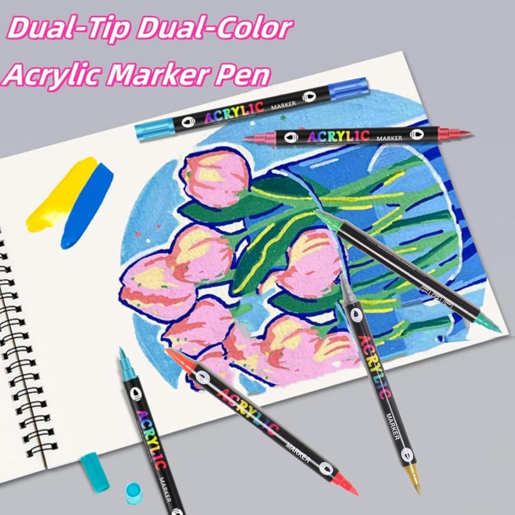 48 Colors Acrylic Paint Markers,Dual Tip Dual Color Drawing Marker Pen for for Adult Art,Rock Painting,Ceramic,Wood,Plastic,Calligraphy