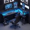 L Shaped Gaming Desk with LED Lights and Power Outlets, 150cm Corner Computer Desk for Small Space, Black