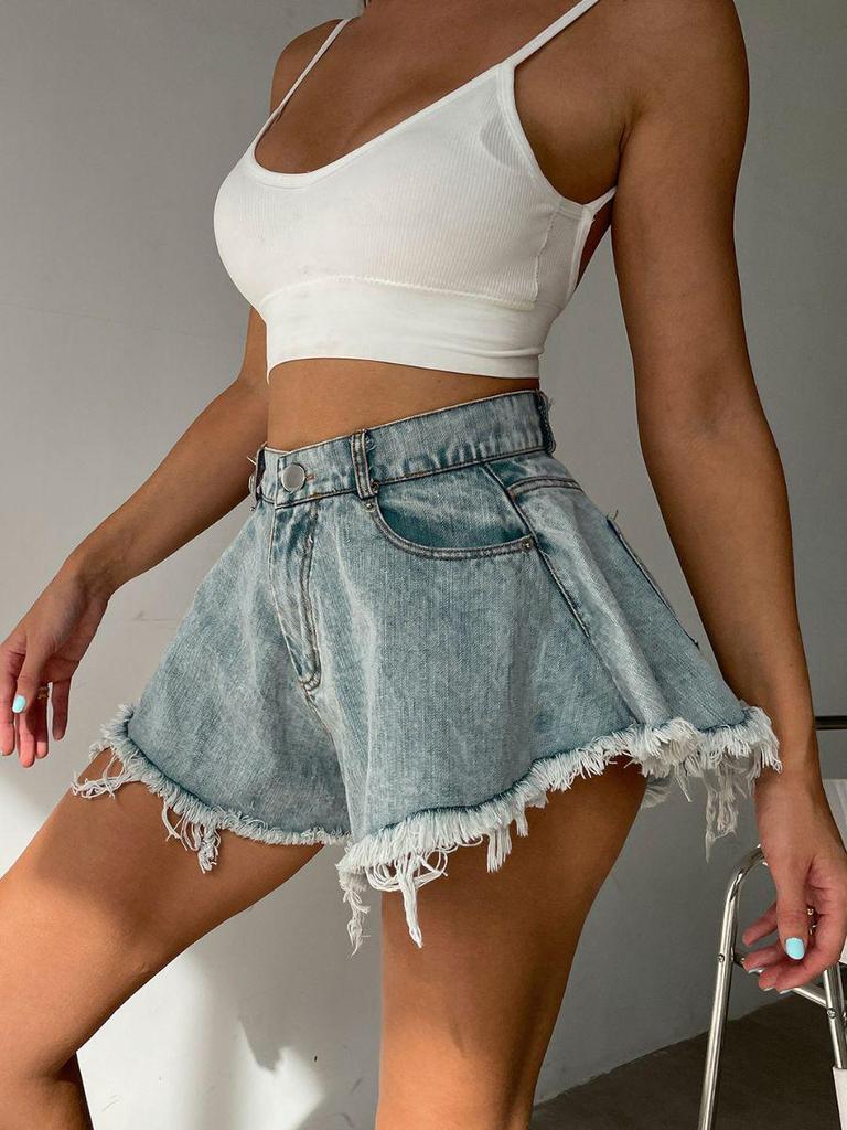 Shorts en jean déchirés taille haute à franges pour femmes style européen et américain 2024