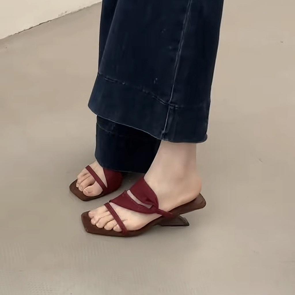Color Matching Retro Spice Girl Style! Square Head Suede One-Word With Wedge Heels Slippers Women'S Summer Open-Toed High-Heeled Sandals