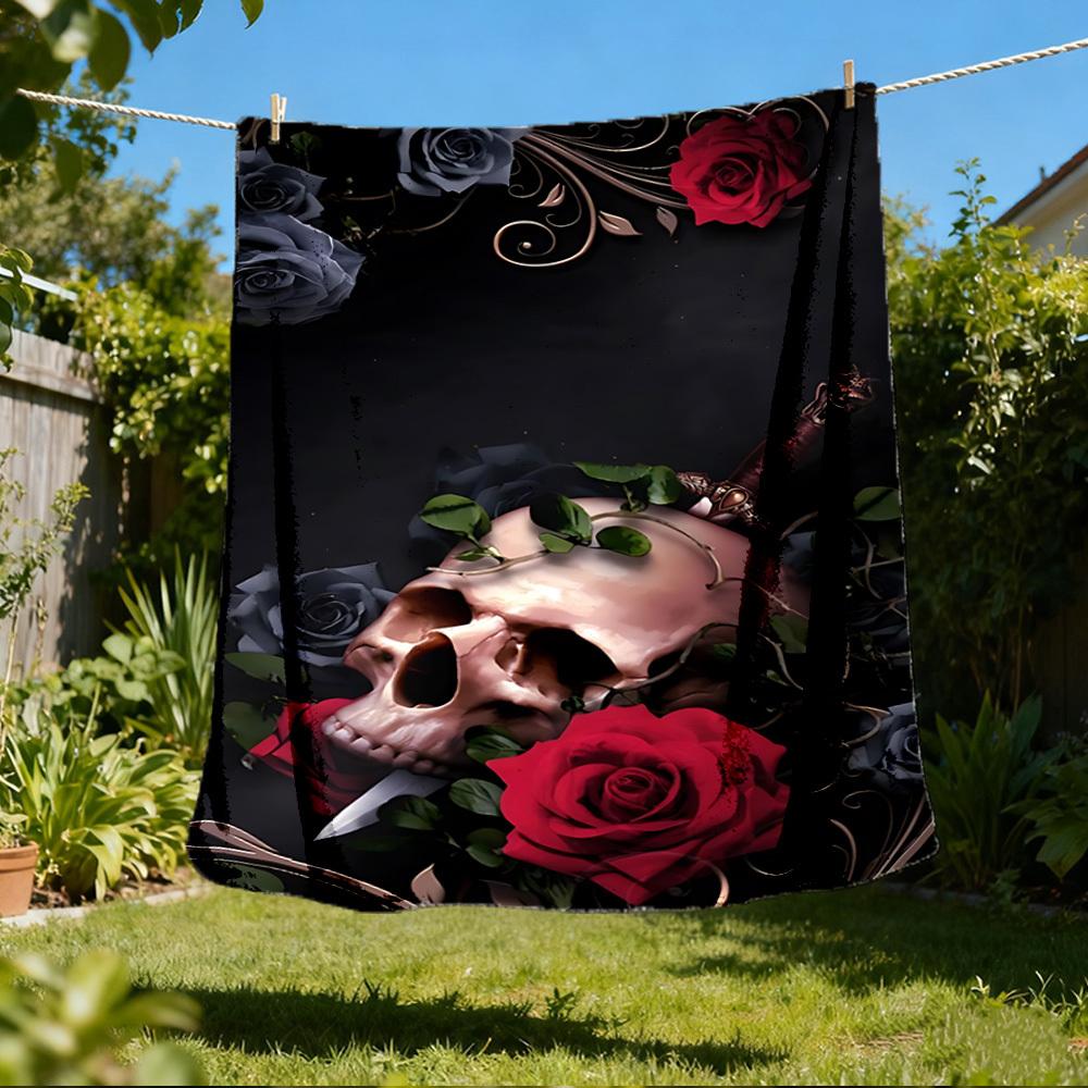 1pc Skull Roses Print Outdoor Flannel Blanket Soft All Season Polyester Throw , Perfect for Picnics & Travel , Picnic Accessory