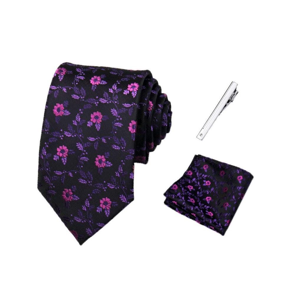 Men's Retro Floral Tie, Pocket Square & Tie Clip Set for Weddings