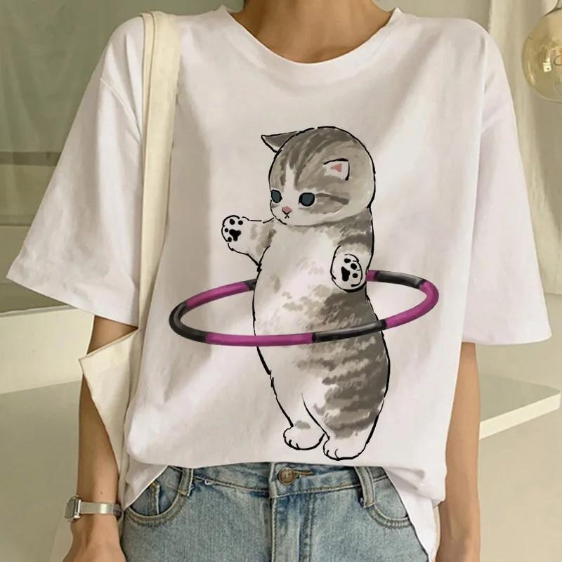 Summer New Cute Cat Funny Cartoon T-shirt Harajuku Graphic Ulzzang Tshirt 90s Print T Shirt  Fashion Aesthetic Ladies Tee shirt