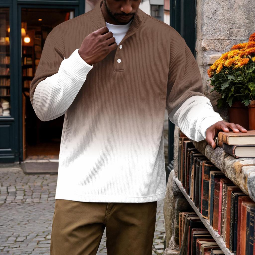 Men's Vintage Corduroy Print Long Sleeve Stand Collar Pocket Casual Top for Everyday Wear