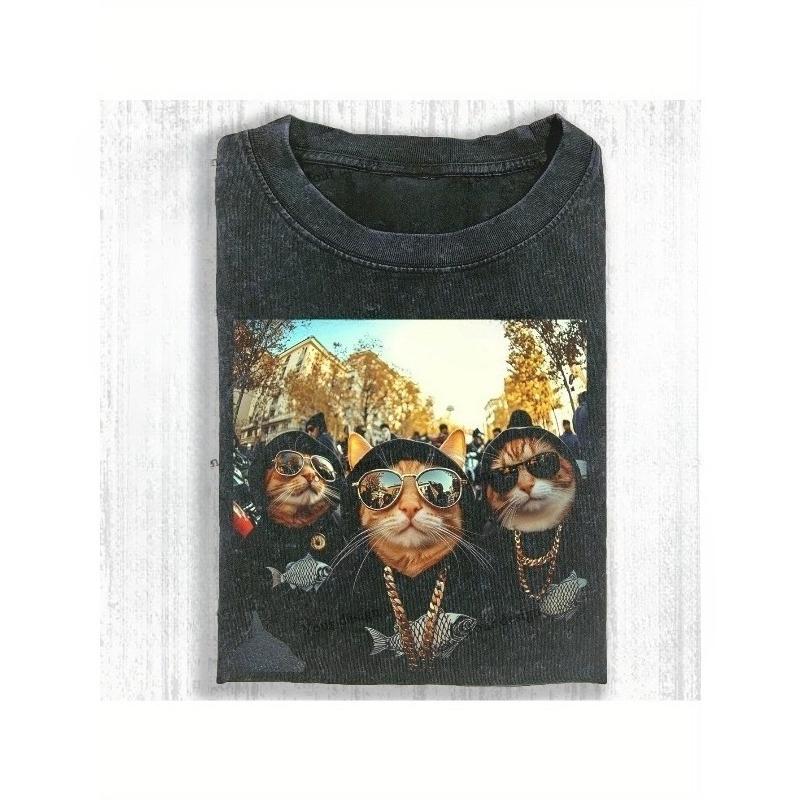 

European sizes Fun Hip-Hop Brother for cat T-Shirt, Made of Washed, Black with Quirky Cartoon for cats & Stylish Glasses Design, Casual Street Fashion M чёрный