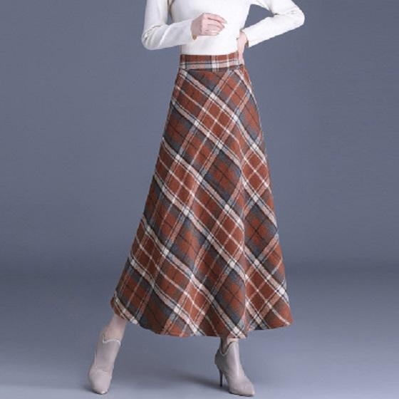 Skirt for Women Plaid Casual Elastic High Waist Long Loose Thickened Stretchy Slim Skirt