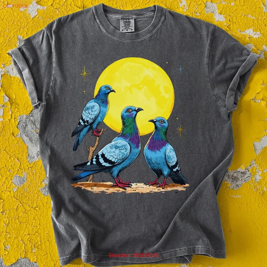 Pigeon T Shirt Moonlight Trio Artistic Lover Carrier Birdwatching Top Vintage Unisex Graphic Stylish Stretched Slightly