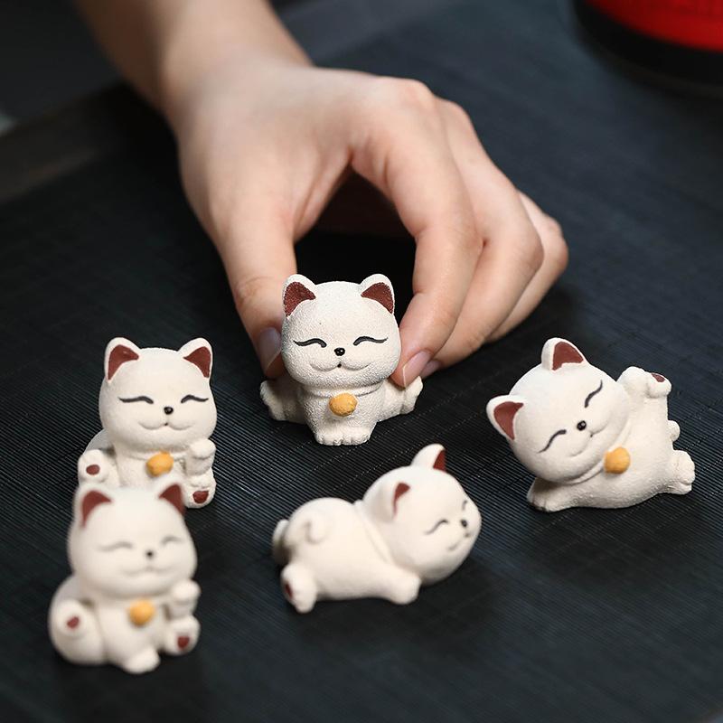 Chinese Purple Clay Tea Pet Handmade Lucky Cat Sculpture Animal Ornaments Statue  Decor Tea Figurine Crafts Tea Set Decoration
